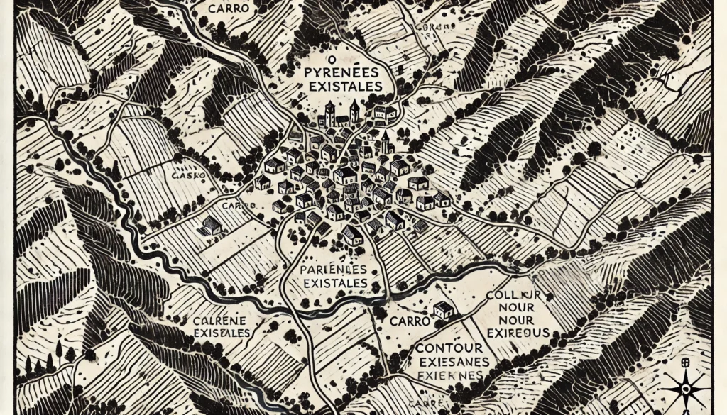 Carte simplifiée en noir et blanc d’un hameau dans les Pyrénées-Orientales, avec un marquage clair (carré ou contour noir épais) indiquant la parcelle