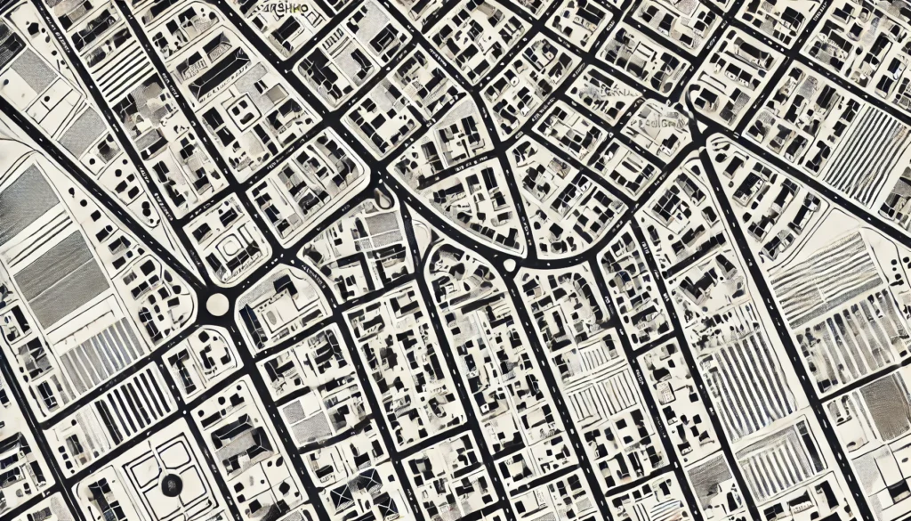 Carte simplifiée en noir et blanc d'un quartier résidentiel dans une ville des Pyrénées-Orientales (comme Perpignan), avec rues quadrillées