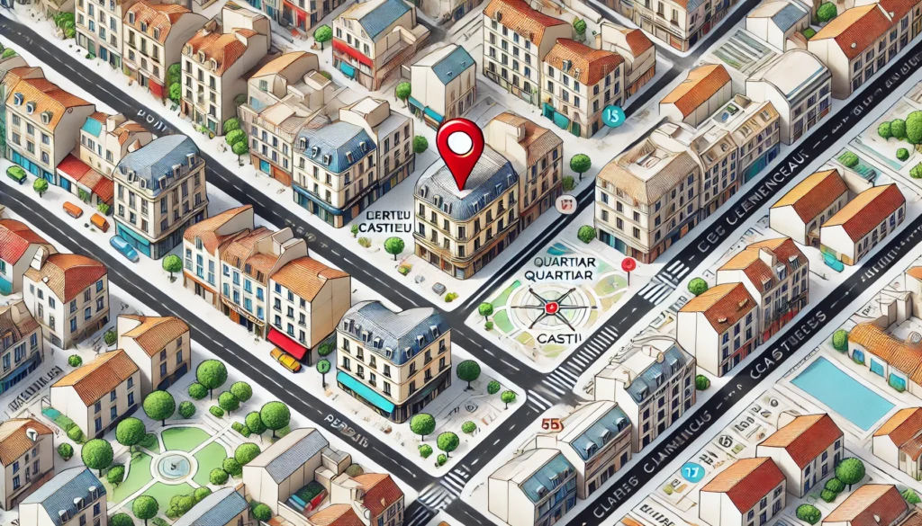 Carte réaliste et lisible du centre-ville de Perpignan, avec des rues et bâtiments stylisés en couleurs sobres. Un repère GPS rouge vif est placé sur la carte